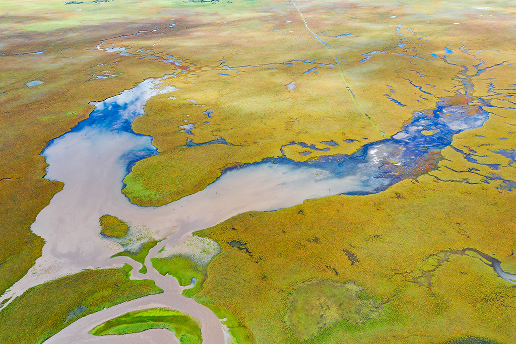 这是玛曲县阿万仓湿地内的一处沼泽（9月17日摄，无人机照片）。