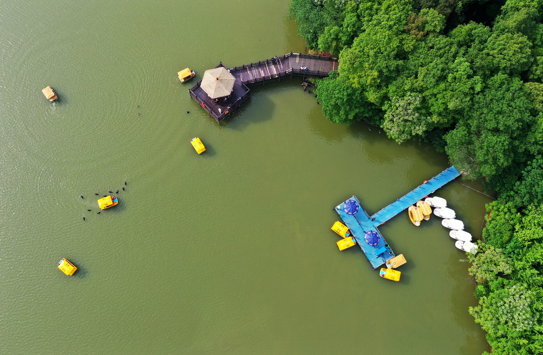 南昌市高新区艾溪湖湿地公园，市民在湖中游玩（2021年5月2日摄，无人机照片）。新华社记者 万象 摄
